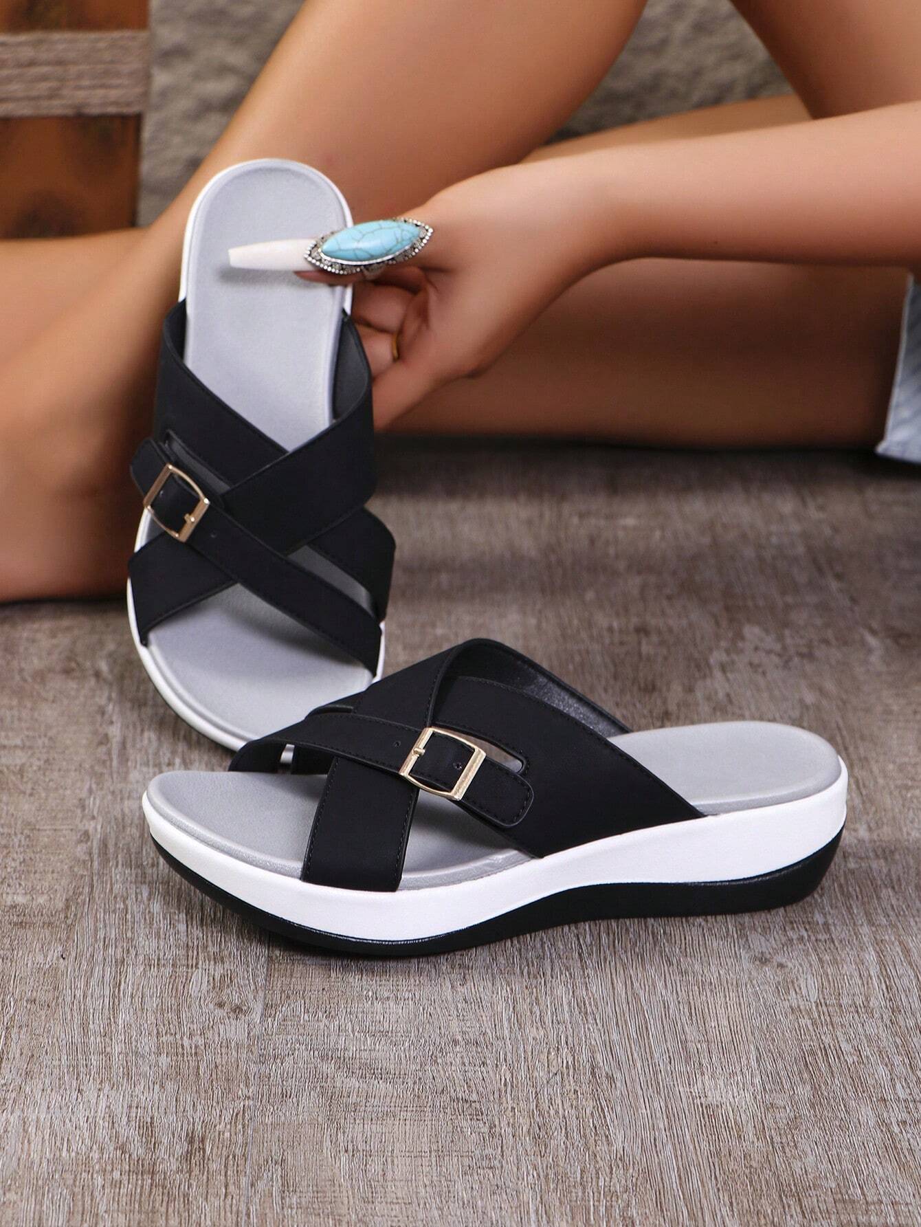 Women's Wedge Heel Thick Sole Criss-Cross Sandals, Comfortable Shock-Absorbing Insole, New Casual Summer Outdoor Platform Slip-On Fashion Beach Slippers With Adjustable Buttons