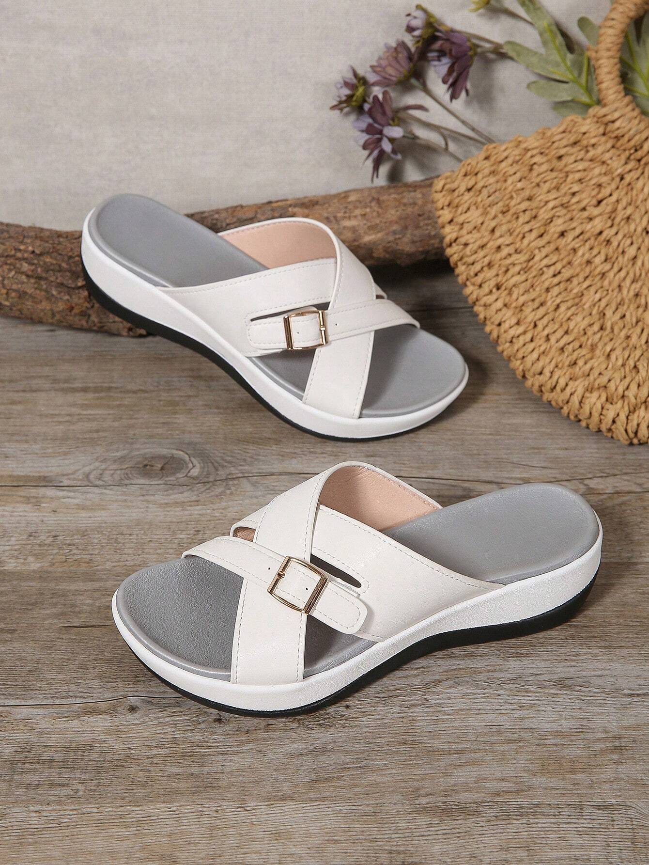 Women's Wedge Heel Thick Sole Criss-Cross Sandals, Comfortable Shock-Absorbing Insole, New Casual Summer Outdoor Platform Slip-On Fashion Beach Slippers With Adjustable Buttons