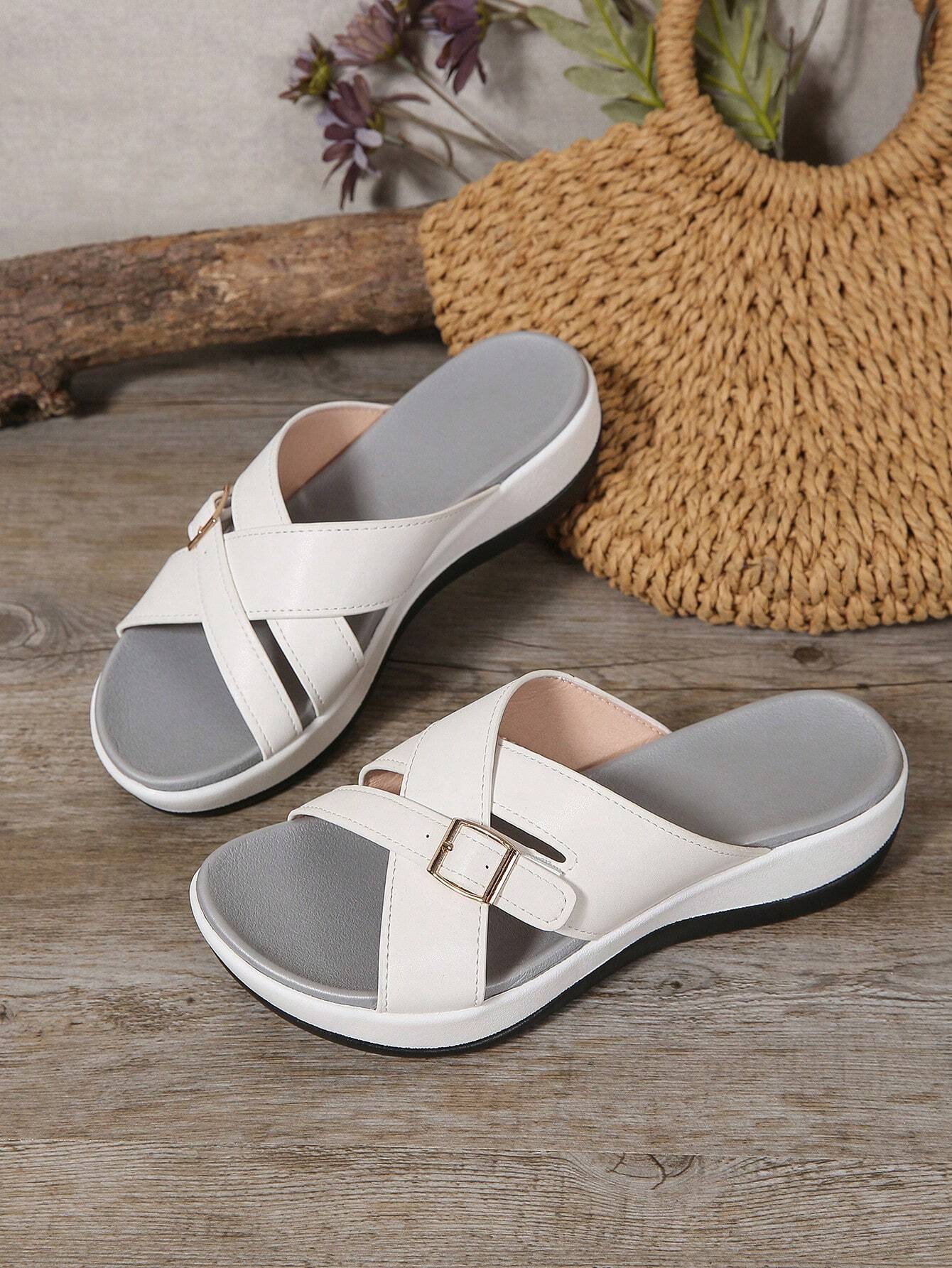Women's Wedge Heel Thick Sole Criss-Cross Sandals, Comfortable Shock-Absorbing Insole, New Casual Summer Outdoor Platform Slip-On Fashion Beach Slippers With Adjustable Buttons