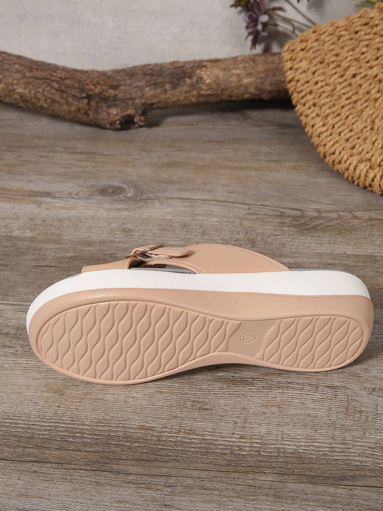Women's Wedge Heel Thick Sole Criss-Cross Sandals, Comfortable Shock-Absorbing Insole, New Casual Summer Outdoor Platform Slip-On Fashion Beach Slippers With Adjustable Buttons