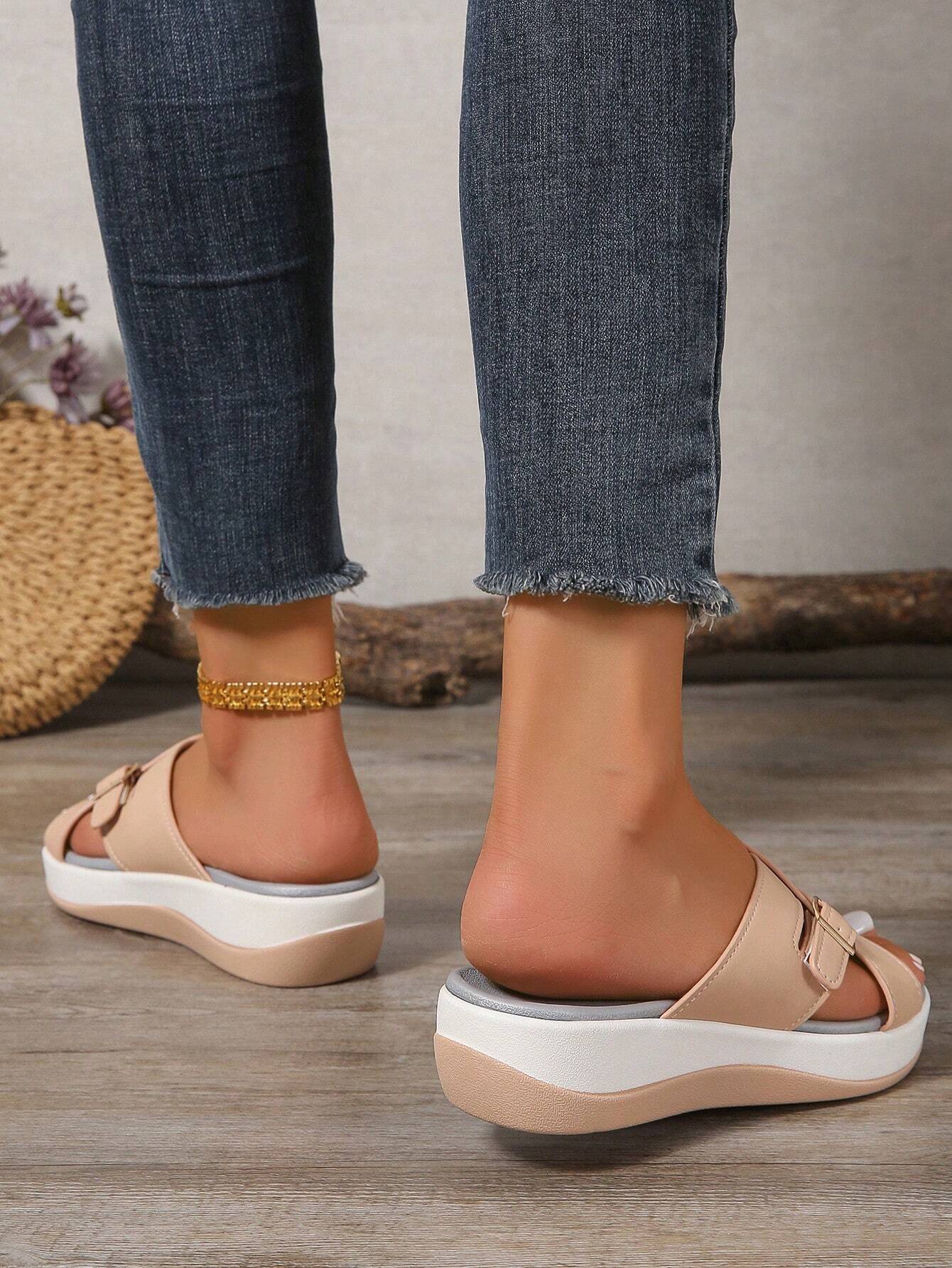 Women's Wedge Heel Thick Sole Criss-Cross Sandals, Comfortable Shock-Absorbing Insole, New Casual Summer Outdoor Platform Slip-On Fashion Beach Slippers With Adjustable Buttons