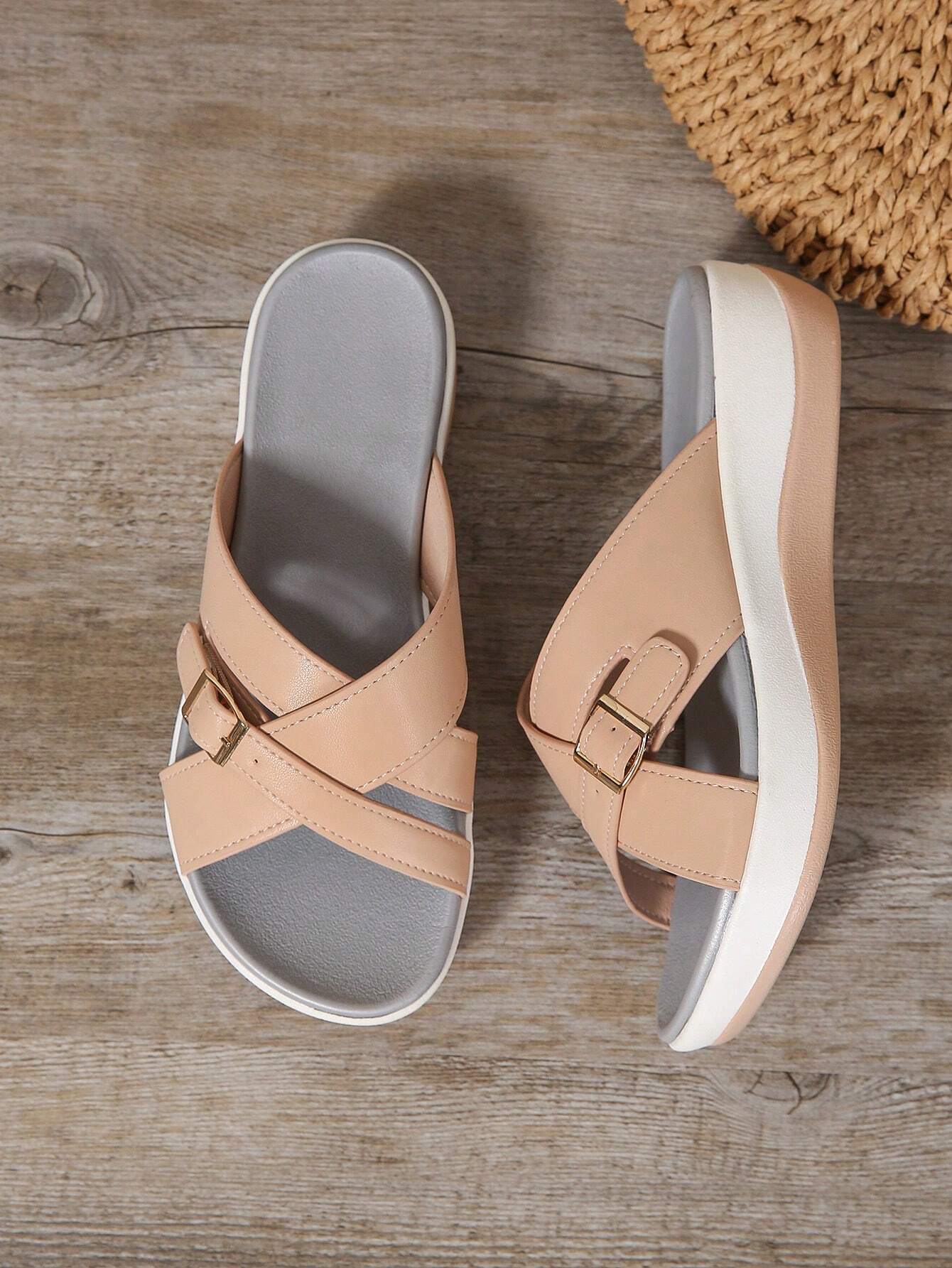 Women's Wedge Heel Thick Sole Criss-Cross Sandals, Comfortable Shock-Absorbing Insole, New Casual Summer Outdoor Platform Slip-On Fashion Beach Slippers With Adjustable Buttons