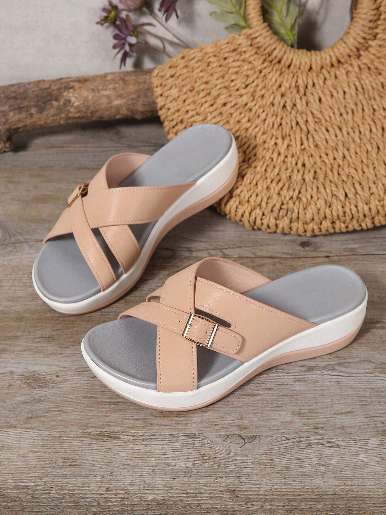 Women's Wedge Heel Thick Sole Criss-Cross Sandals, Comfortable Shock-Absorbing Insole, New Casual Summer Outdoor Platform Slip-On Fashion Beach Slippers With Adjustable Buttons