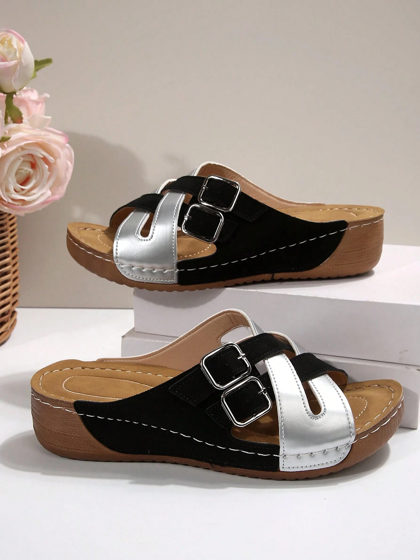 Adjustable Strap, 1 Pair Summer New Casual Slip-On Comfortable Outdoor Beach Fashion Double Buckle Criss-Cross Color Block Platform Wedge Sandals