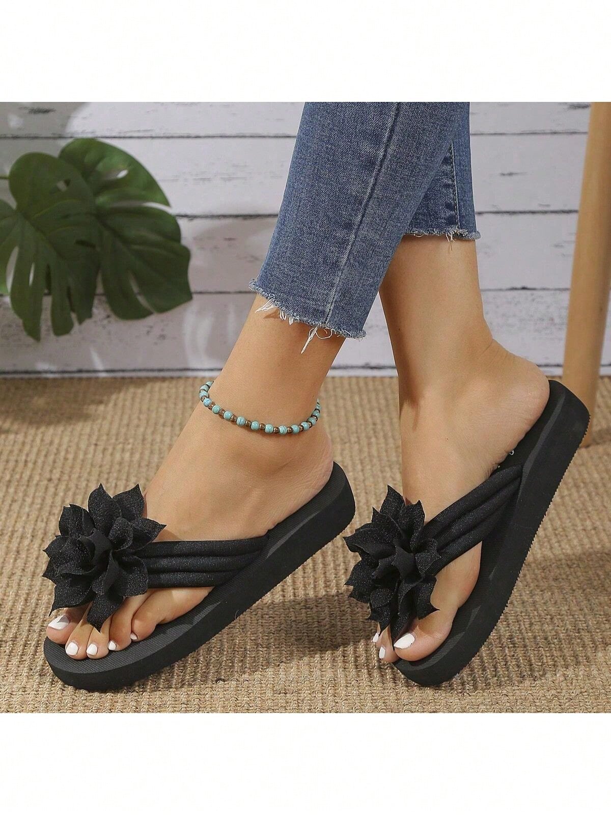 Women's Flip Flops, European And American Style, Fashionable, Comfortable, Lightweight, Beach Sandals, Casual Floral Slippers For Home