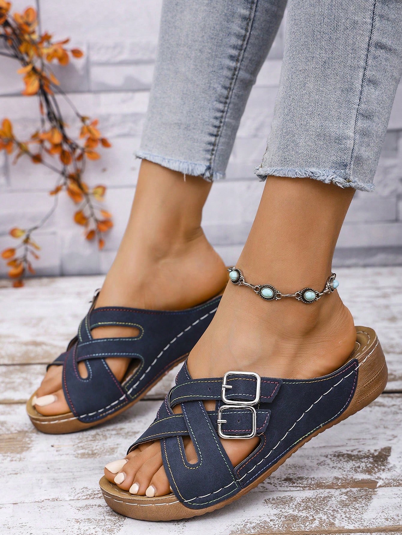 Adjustable Strap, 1 Pair Summer New Casual Slip-On Comfortable Outdoor Beach Fashion Double Buckle Criss-Cross Color Block Platform Wedge Sandals
