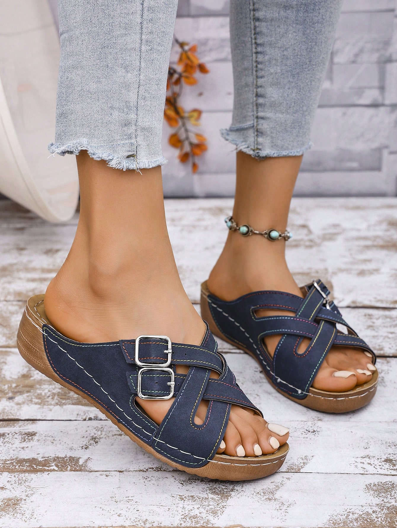 Adjustable Strap, 1 Pair Summer New Casual Slip-On Comfortable Outdoor Beach Fashion Double Buckle Criss-Cross Color Block Platform Wedge Sandals