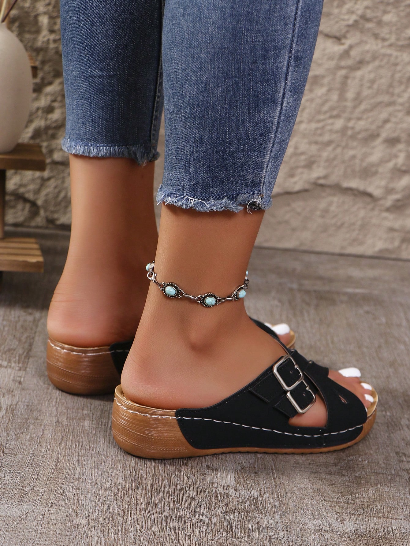 Adjustable Strap, 1 Pair Summer New Casual Slip-On Comfortable Outdoor Beach Fashion Double Buckle Criss-Cross Color Block Platform Wedge Sandals