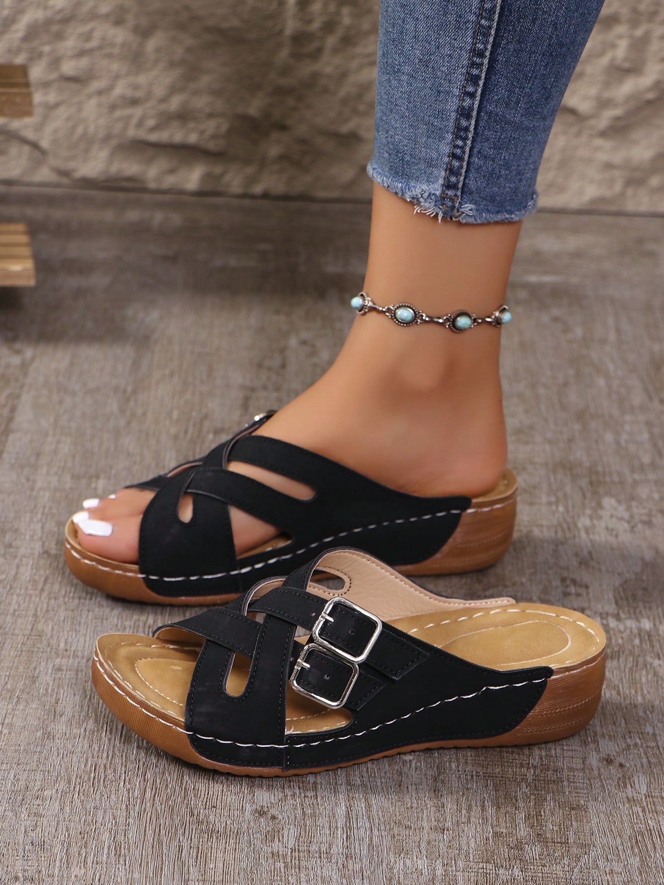 Adjustable Strap, 1 Pair Summer New Casual Slip-On Comfortable Outdoor Beach Fashion Double Buckle Criss-Cross Color Block Platform Wedge Sandals