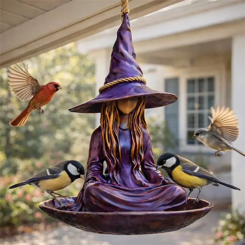 Hanging bird feeder "Meditating Witch", creative and magical decoration for garden, patio and terrace, durable material.