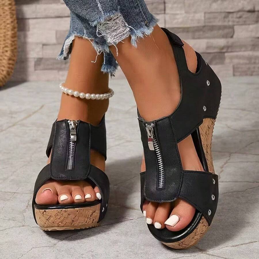 Women's New Vintage Wedge Platform Zipper Sandals, High Quality Platform Height-Increasing Casual Sandals