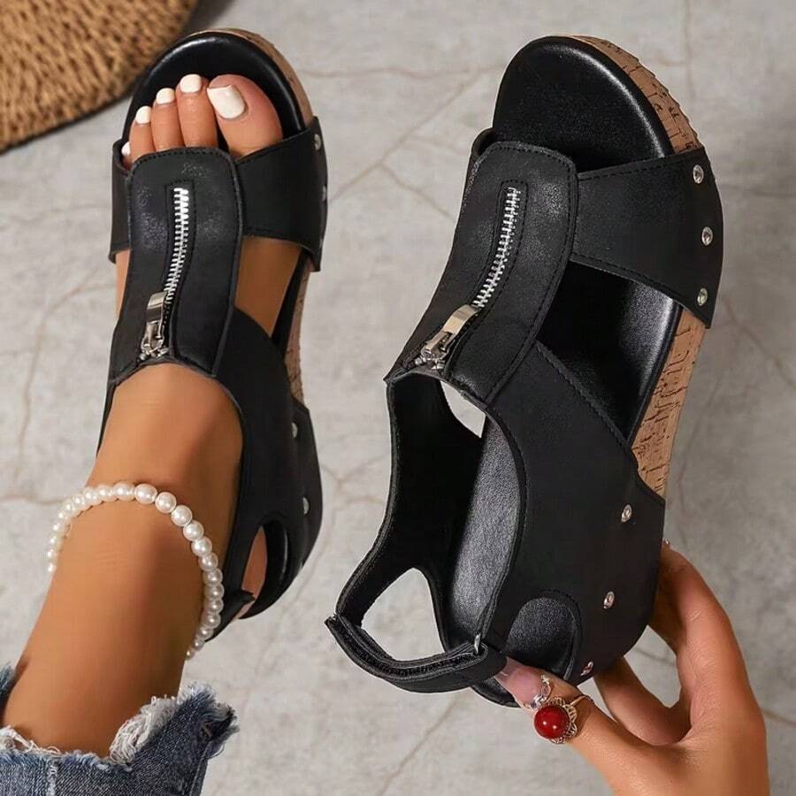 Women's New Vintage Wedge Platform Zipper Sandals, High Quality Platform Height-Increasing Casual Sandals
