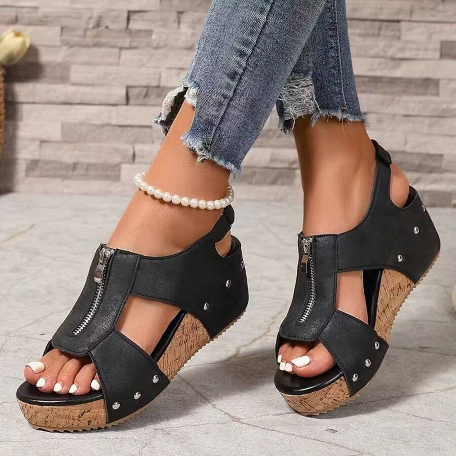 Women's New Vintage Wedge Platform Zipper Sandals, High Quality Platform Height-Increasing Casual Sandals