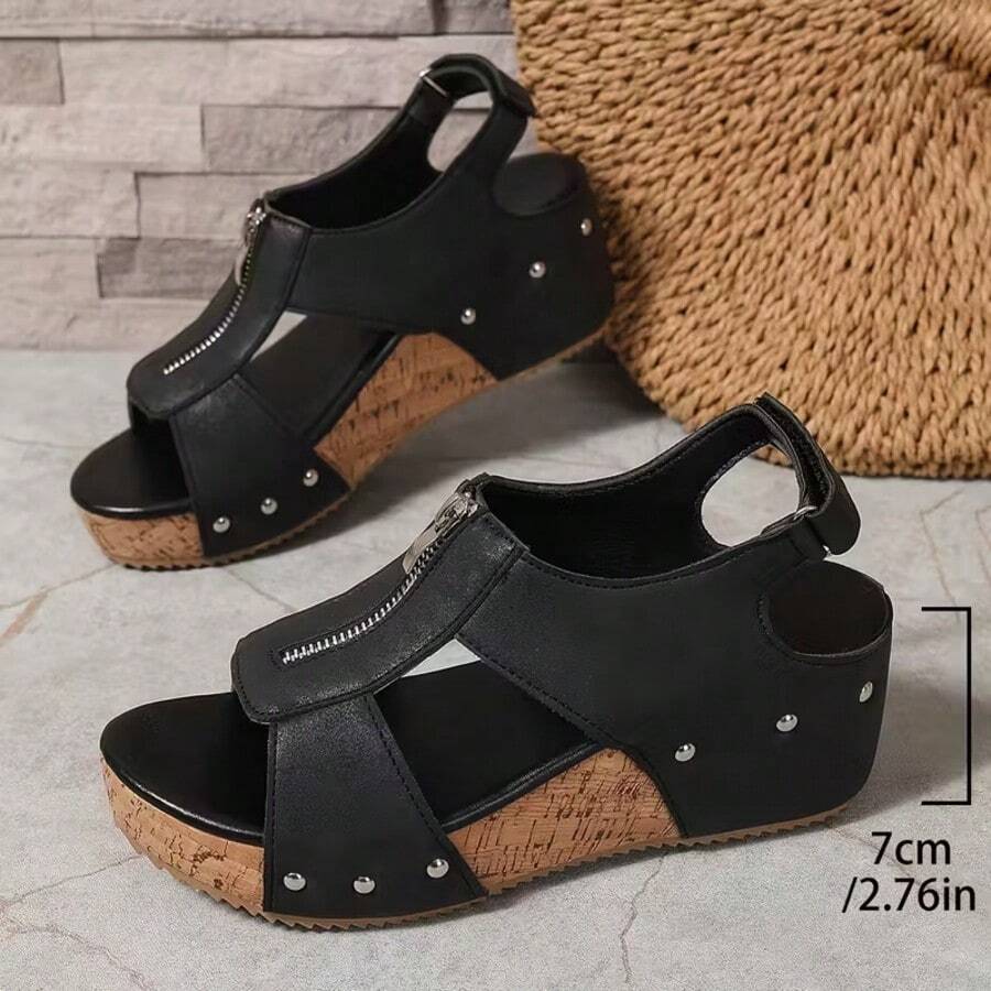 Women's New Vintage Wedge Platform Zipper Sandals, High Quality Platform Height-Increasing Casual Sandals