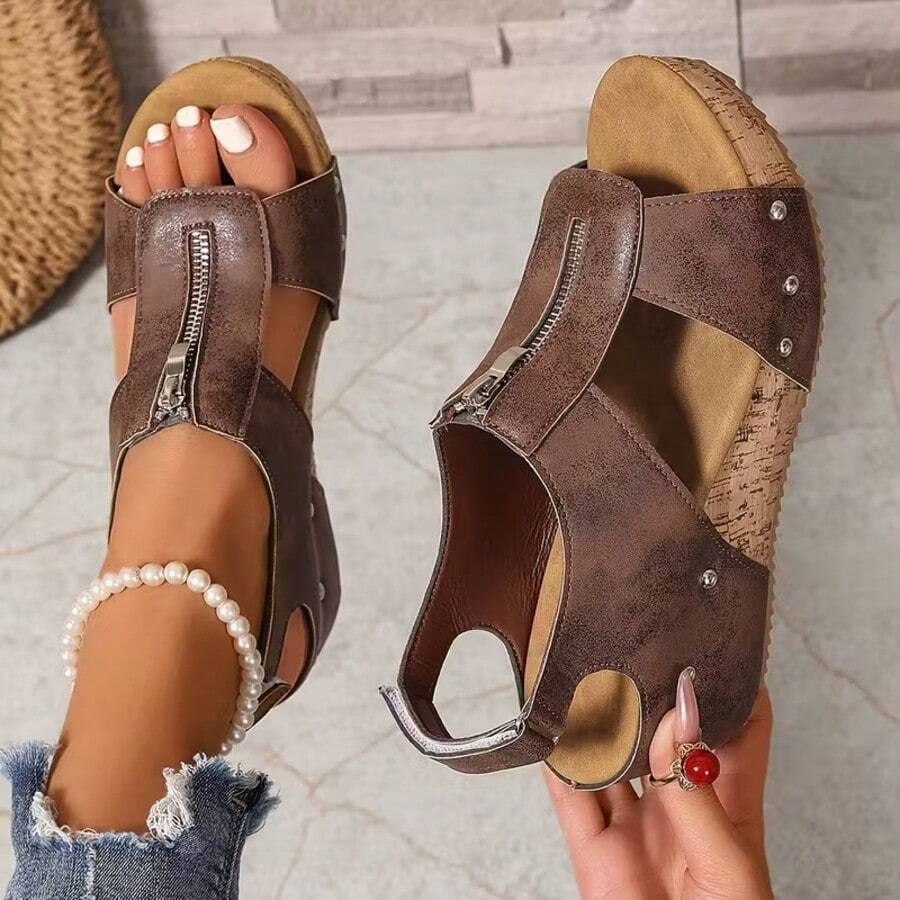 Women's New Vintage Wedge Platform Zipper Sandals, High Quality Platform Height-Increasing Casual Sandals