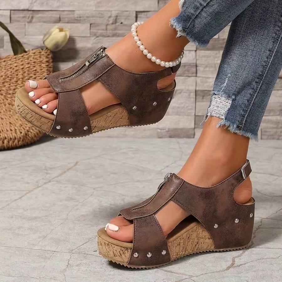 Women's New Vintage Wedge Platform Zipper Sandals, High Quality Platform Height-Increasing Casual Sandals
