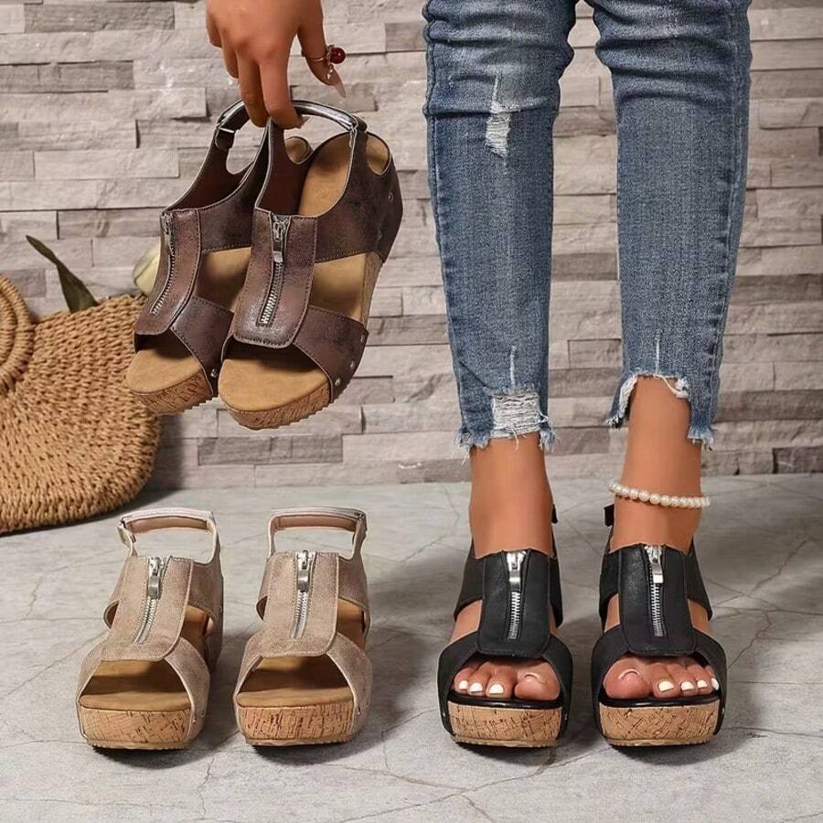 Women's New Vintage Wedge Platform Zipper Sandals, High Quality Platform Height-Increasing Casual Sandals