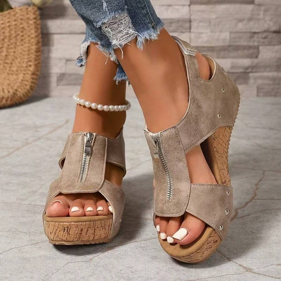 Women's New Vintage Wedge Platform Zipper Sandals, High Quality Platform Height-Increasing Casual Sandals