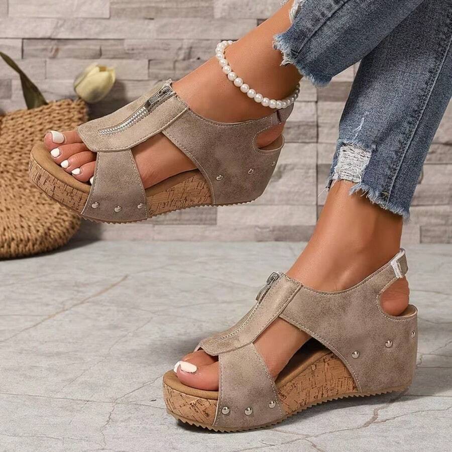 Women's New Vintage Wedge Platform Zipper Sandals, High Quality Platform Height-Increasing Casual Sandals