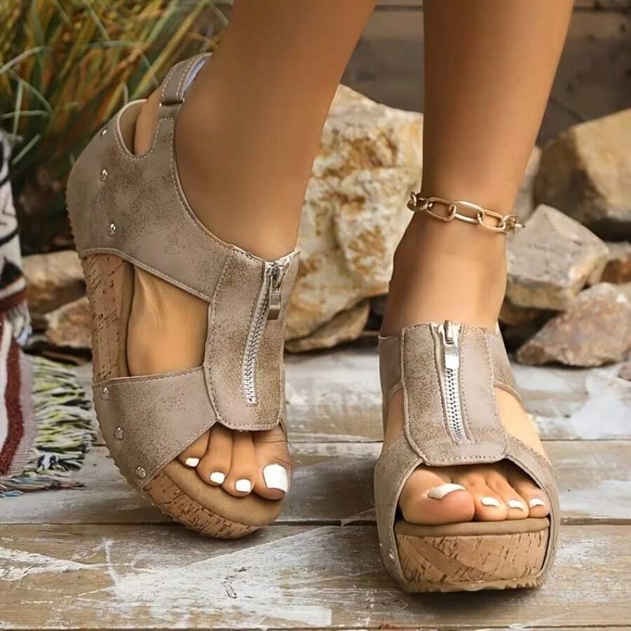 Women's New Vintage Wedge Platform Zipper Sandals, High Quality Platform Height-Increasing Casual Sandals
