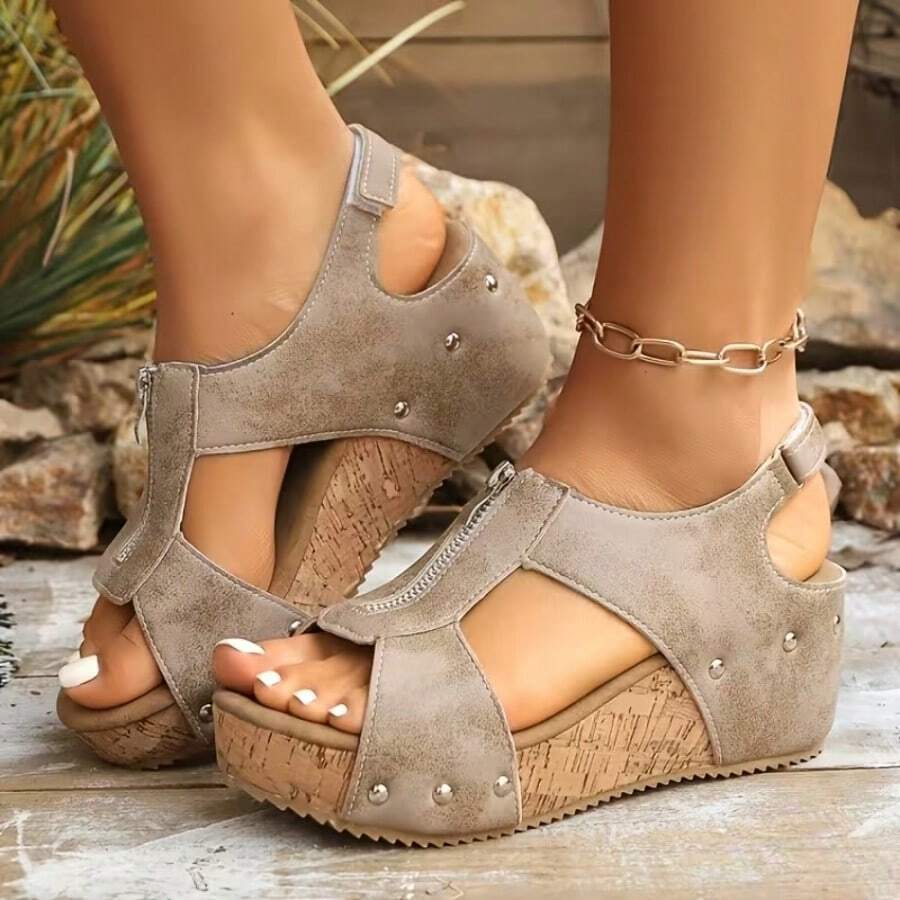 Women's New Vintage Wedge Platform Zipper Sandals, High Quality Platform Height-Increasing Casual Sandals
