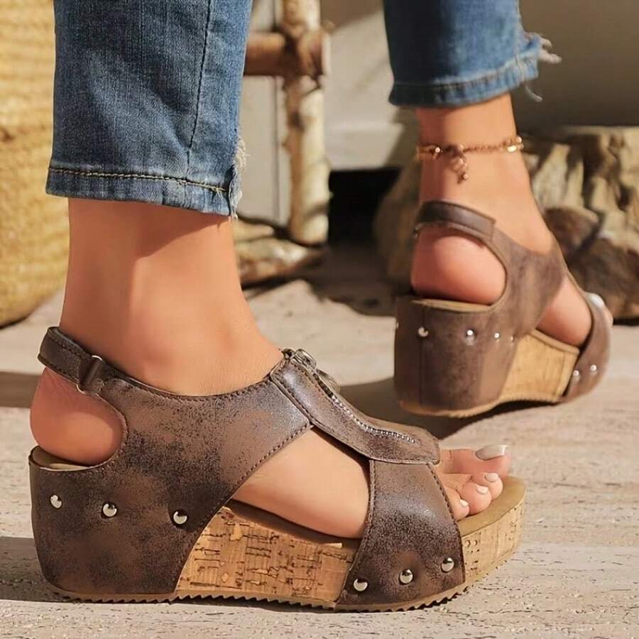 Women's New Vintage Wedge Platform Zipper Sandals, High Quality Platform Height-Increasing Casual Sandals