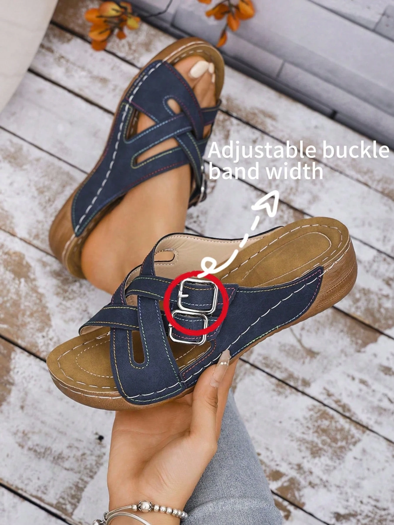 Adjustable Strap, 1 Pair Summer New Casual Slip-On Comfortable Outdoor Beach Fashion Double Buckle Criss-Cross Color Block Platform Wedge Sandals