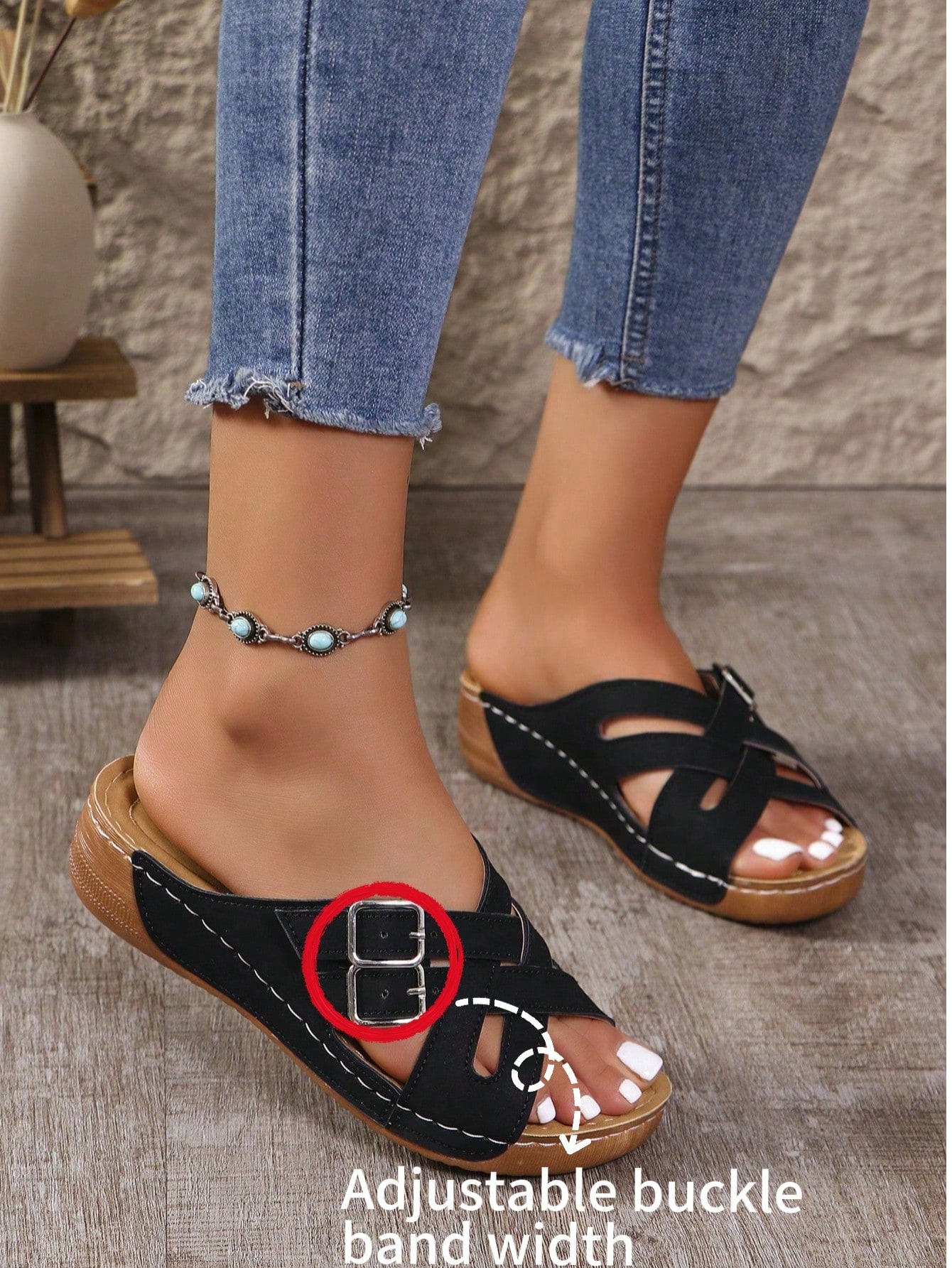 Adjustable Strap, 1 Pair Summer New Casual Slip-On Comfortable Outdoor Beach Fashion Double Buckle Criss-Cross Color Block Platform Wedge Sandals