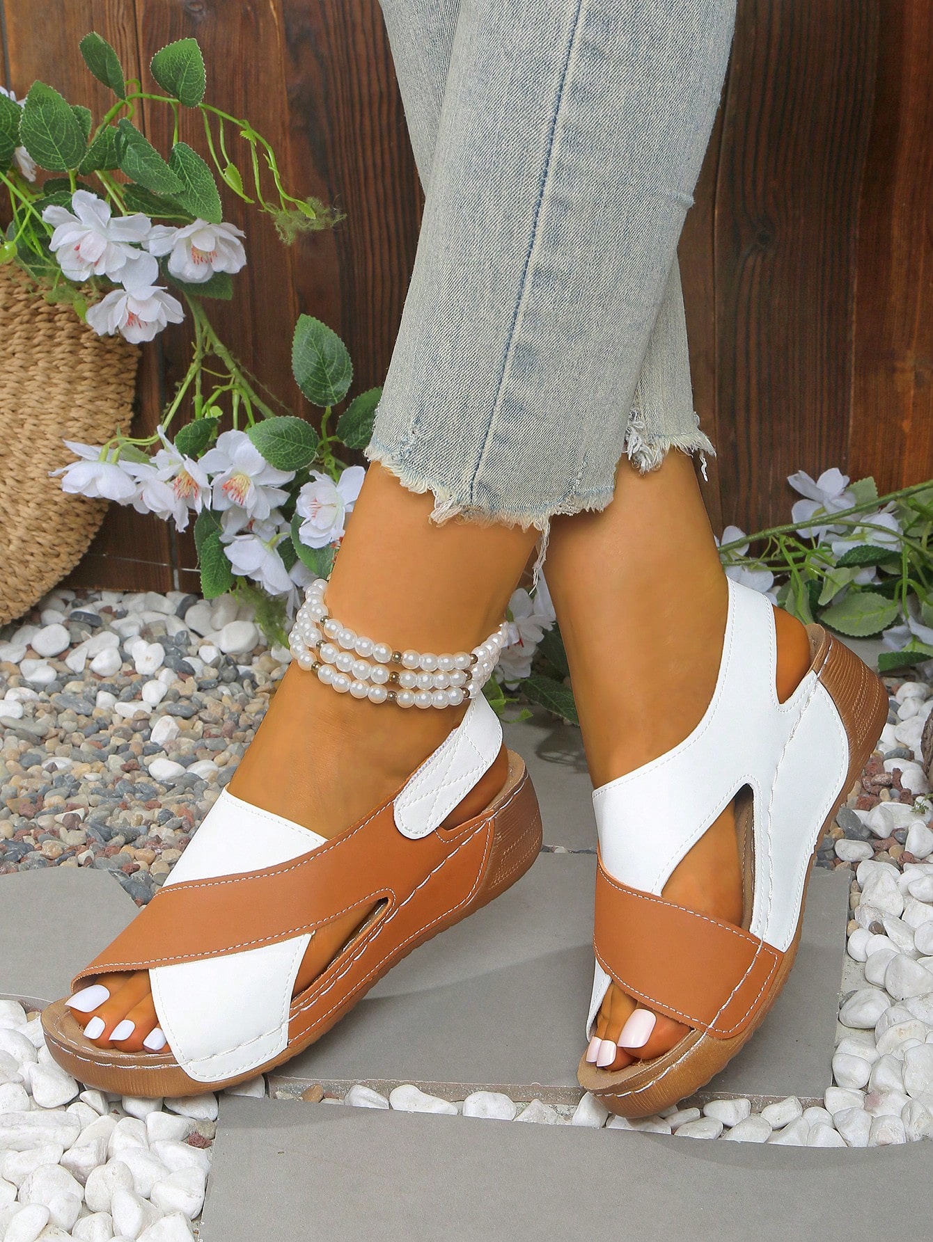 Women's Stitching Contrast Color Mule Open Toe Wedge Sandals