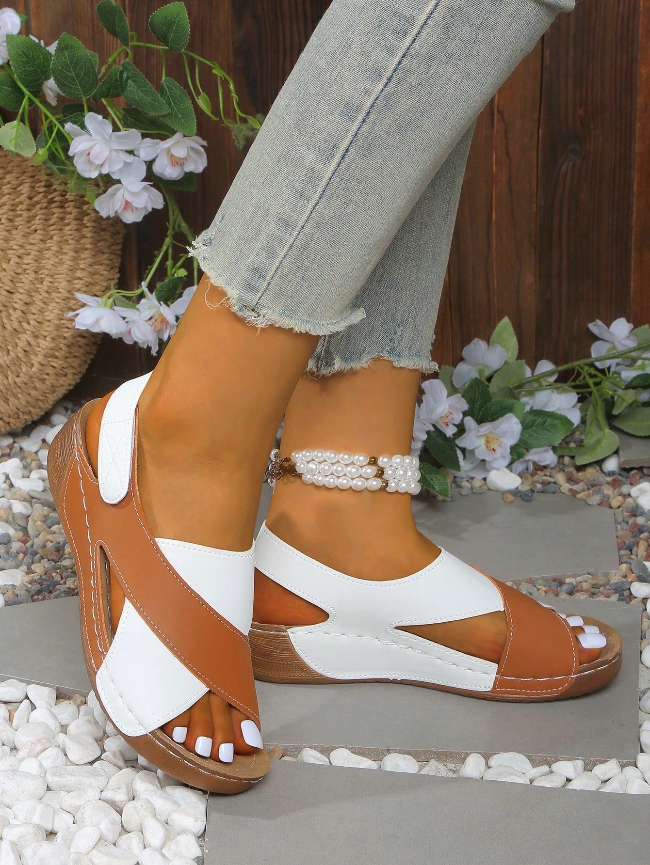 Women's Stitching Contrast Color Mule Open Toe Wedge Sandals