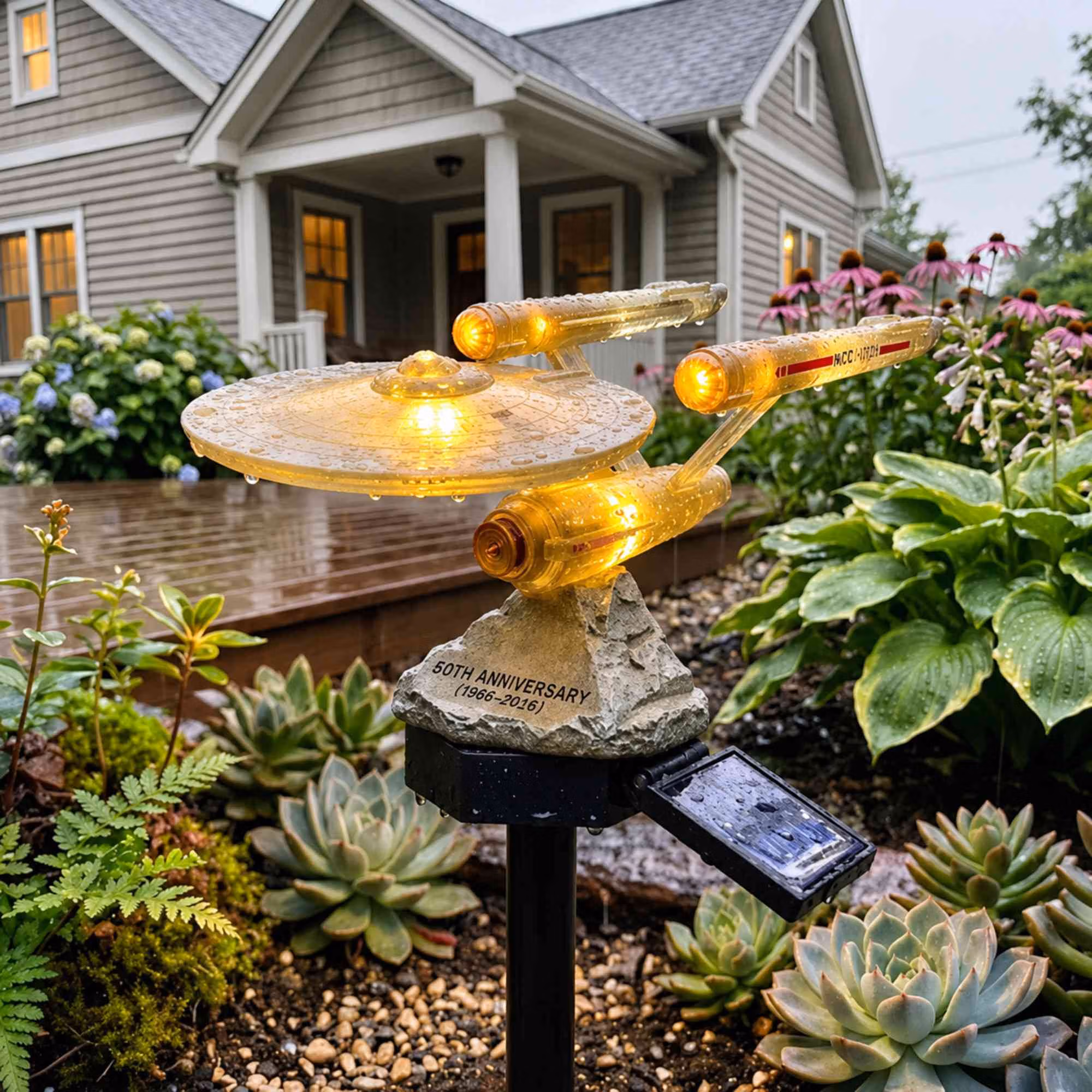 60th Anniversary Solar Garden Stake Light, Sci-Fi Spaceship Inspired Outdoor LED Yard Decor, Collectible Solar Pathway Lamp, Gift for Fans