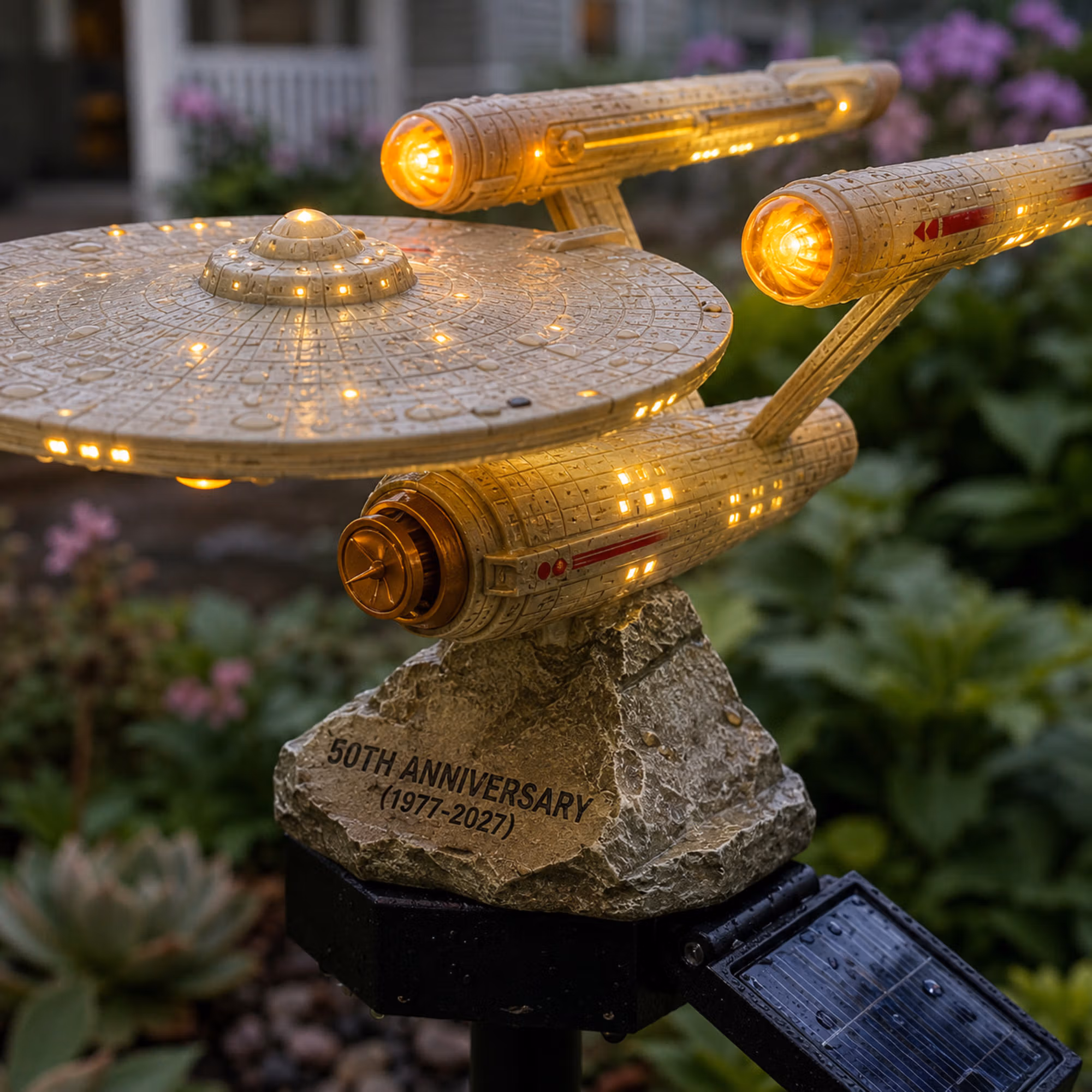 60th Anniversary Solar Garden Stake Light, Sci-Fi Spaceship Inspired Outdoor LED Yard Decor, Collectible Solar Pathway Lamp, Gift for Fans