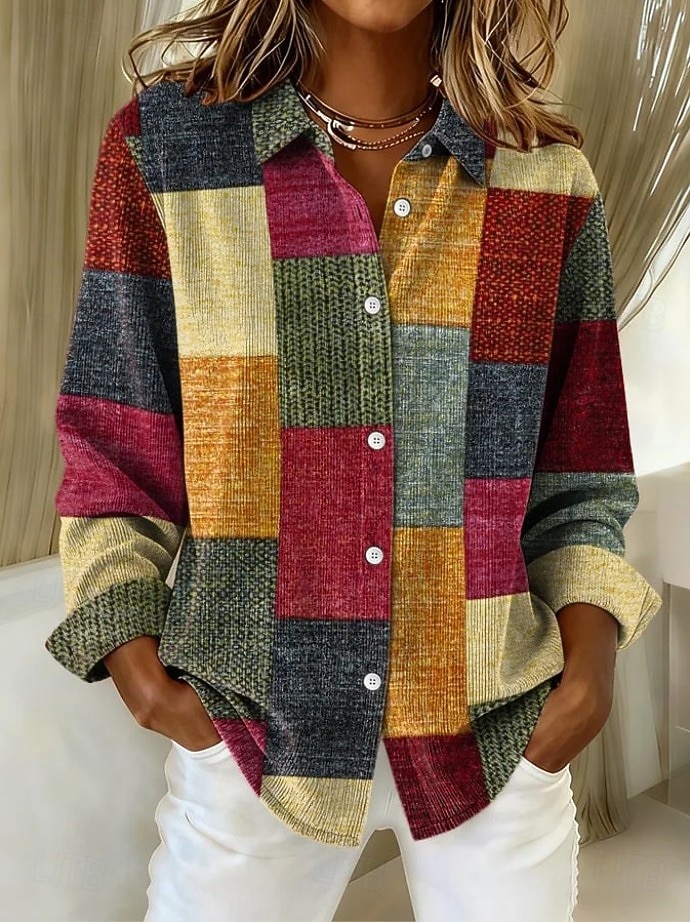 Women's Shirt Blouse Patchwork Buttons Print Graphic Geometric Plaid Vintage Daily Stylish Long Sleeve Shirt Collar Regular Tops Daily Maroon Denim Blue Yellow Light Brown Brown Spring Fall Winter 2026 - &euro;31.99 &ndash;P2