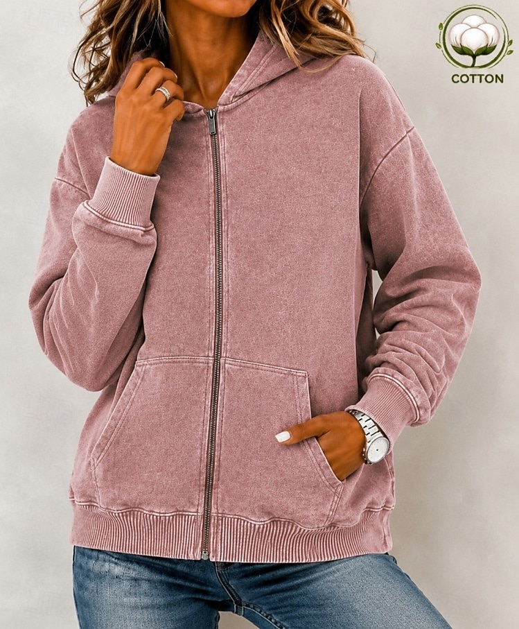 Women's Cotton Vintage wash Zip Up Hoodies Plain Active Vintage Casual Long Sleeve Hooded Regular Tops Casual Home Street Black Pink Light Purple Green Rose Red Spring Fall Winter 2026 - $39.99 &ndash;P6