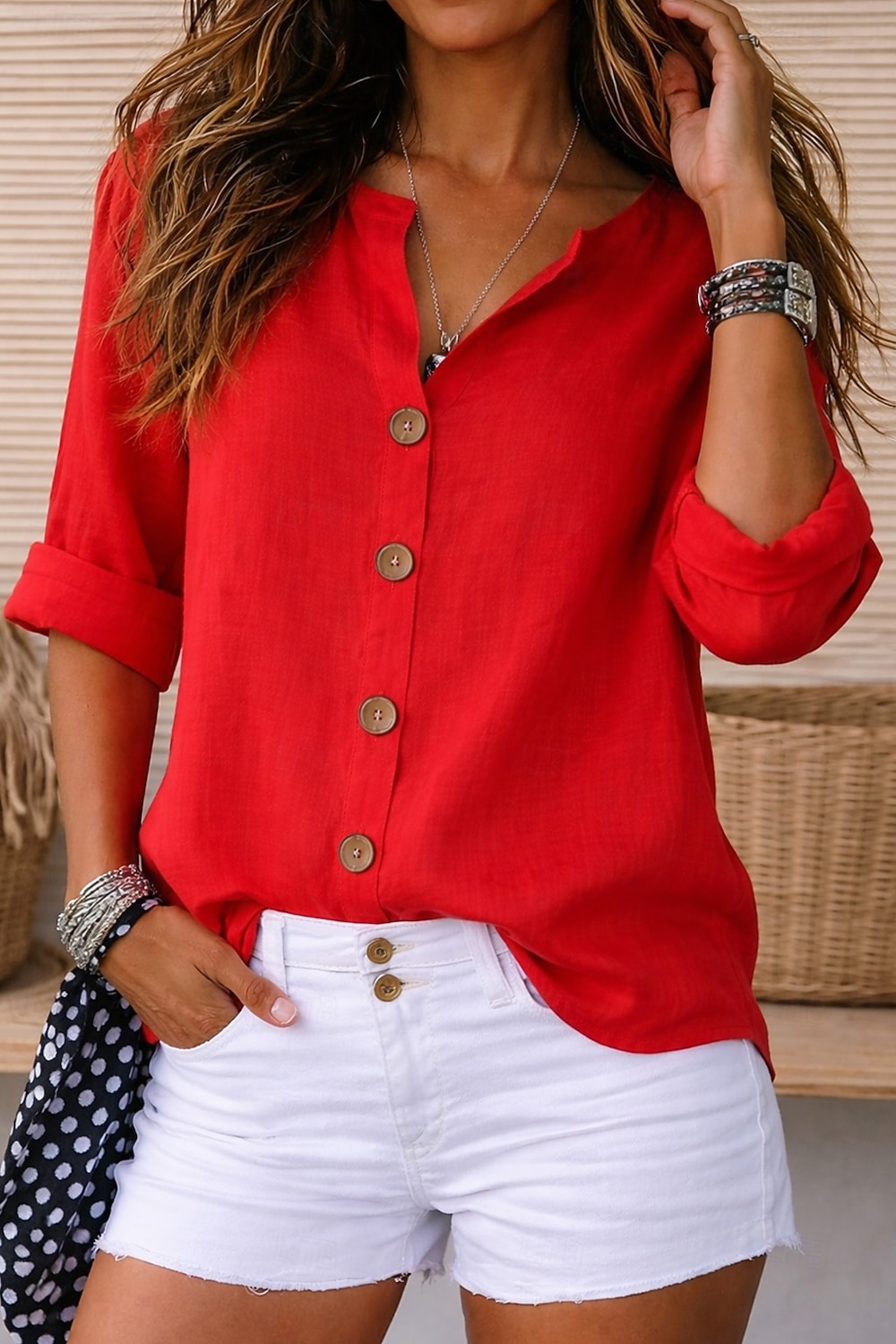 Women's Linen Shirts Blouse Buttons Solid Color Daily Casual Long Sleeve V Neck Regular Tops Daily Black White Red Orange Green Summer Spring Fall 2026 - $29.99 &ndash;P4