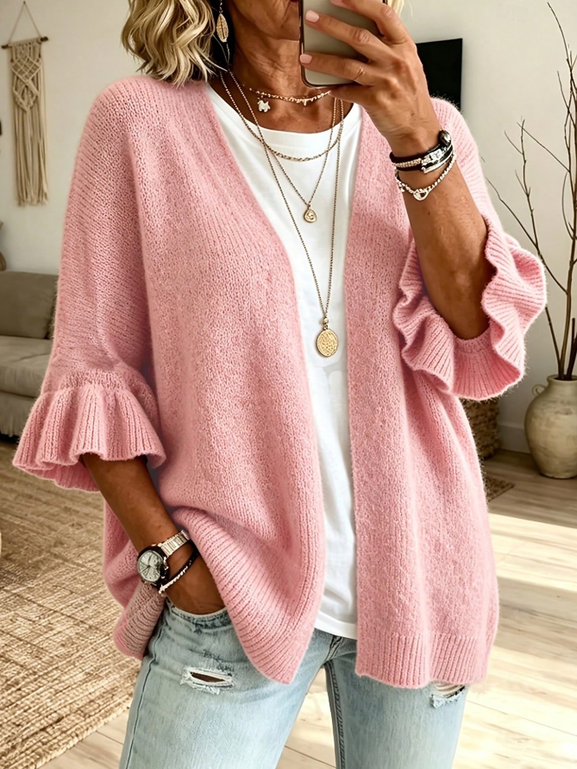 Women's Knit Cardigan Vintage Ribbed Open Front Ruffle Patchwork 3/4 Length Sleeve Regular Tops Knit Home Blue White Fall Winter 2026 - &euro;35.99 &ndash;P3