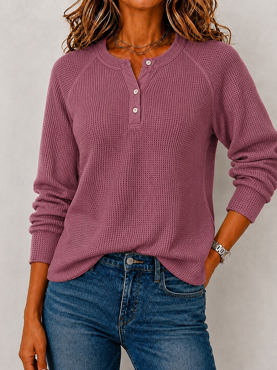 Women's Waffle Shirt Blouse Knit Shirts Texture Solid Color Stylish Basic Classic Long Sleeve Shirt Henry Collar Long Tops Casual Daily Halloween Going out White Purple Orange Beige Spring Fall Winter 2026 - $33.99 &ndash;P3