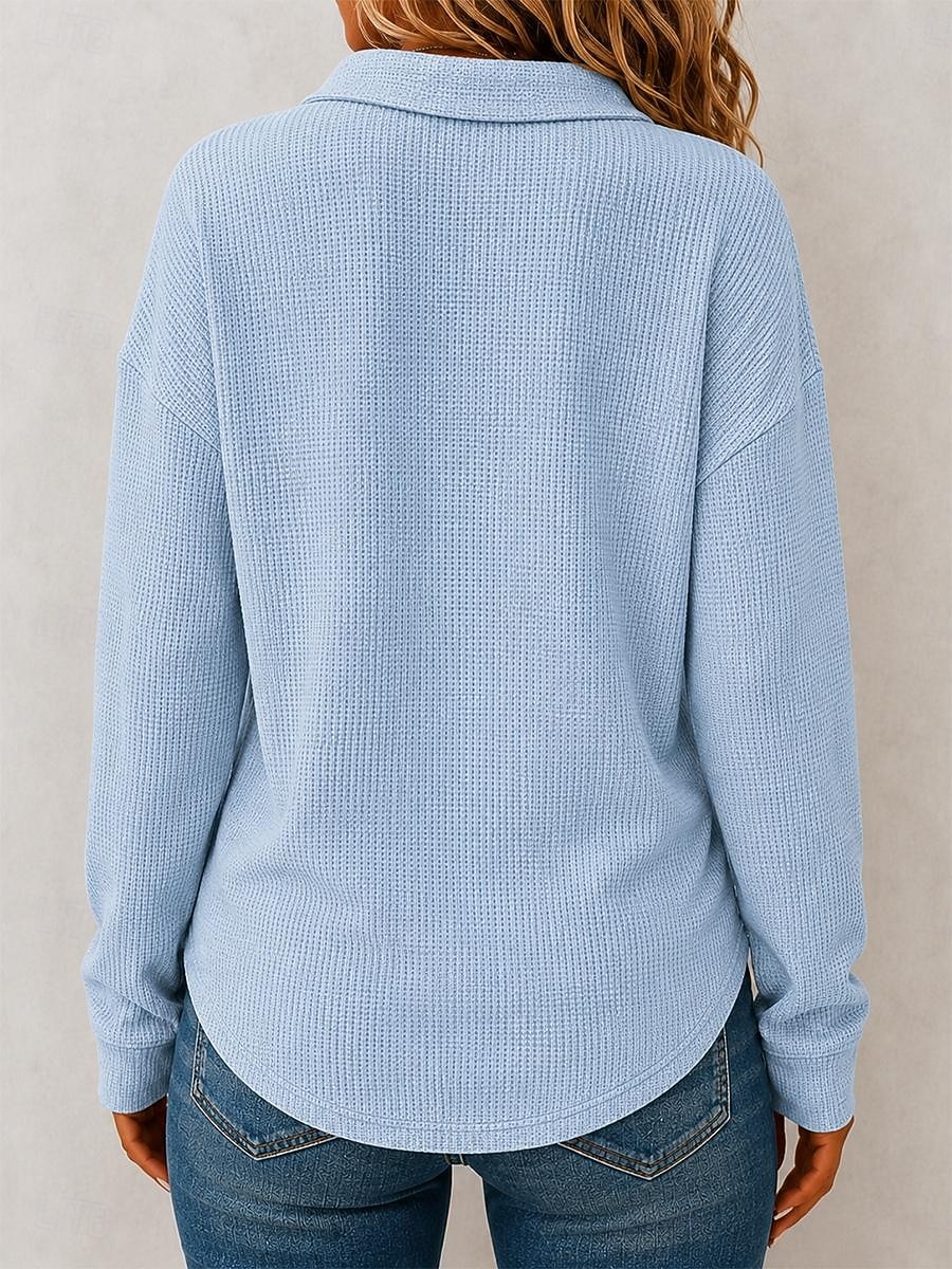 Women's Washed Cotton Waffle Polo Shirts Blouse Knit Shirts Texture Solid Color Fashion Stylish Basic Long Sleeve Bishop Sleeve V Neck Shirt Collar Long Tops Casual Daily Going out Blue Dark Blue 2026 - $35.99 &ndash;P4