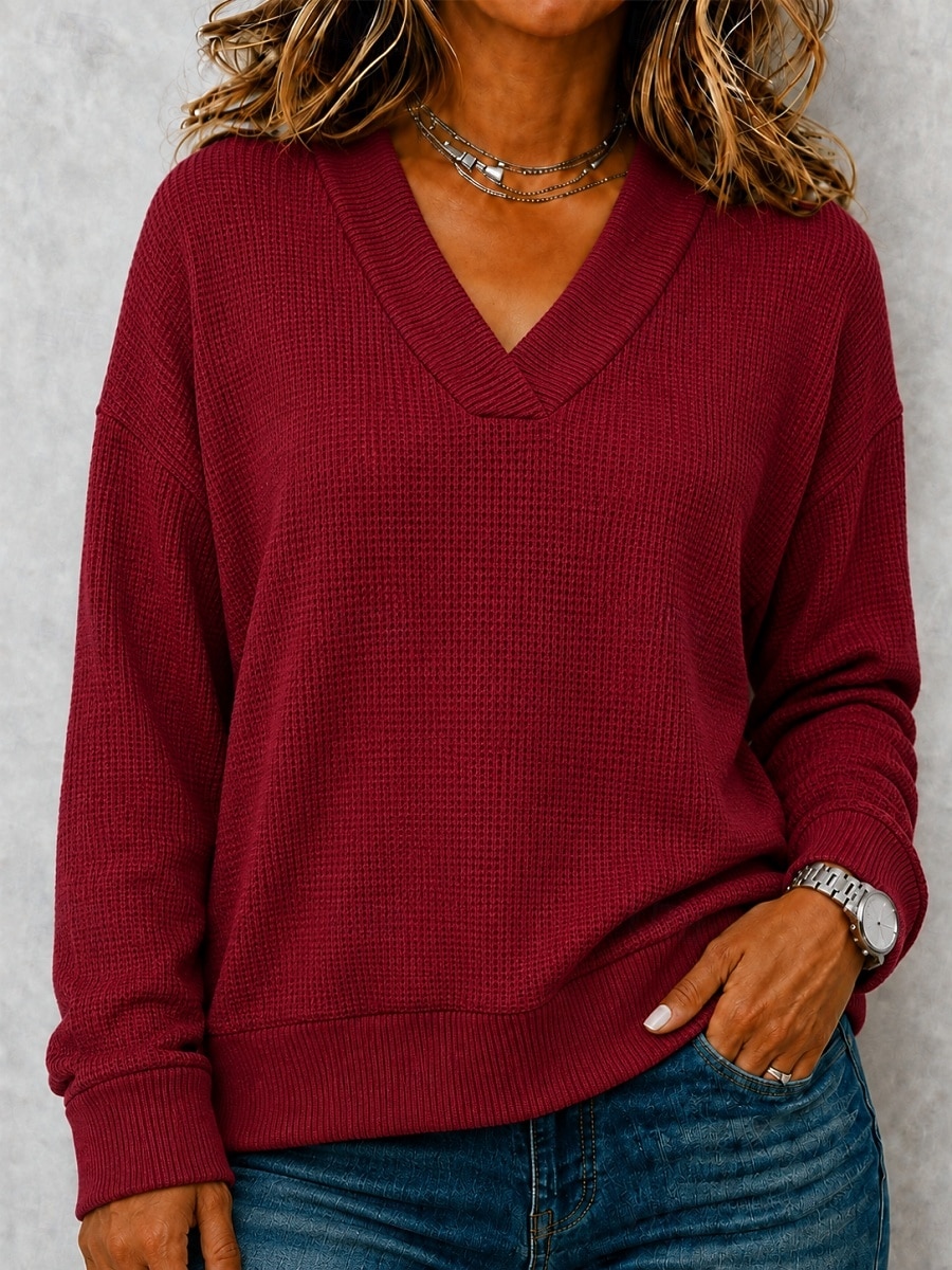 Halloween Women's Waffle Shirt Knit Shirts Plain Fashion Stylish Classic Long Sleeve V Neck Regular Tops Casual Daily Going out Blue Pink Wine Brown Green Fall Winter 2026 - $25.99 &ndash;P1
