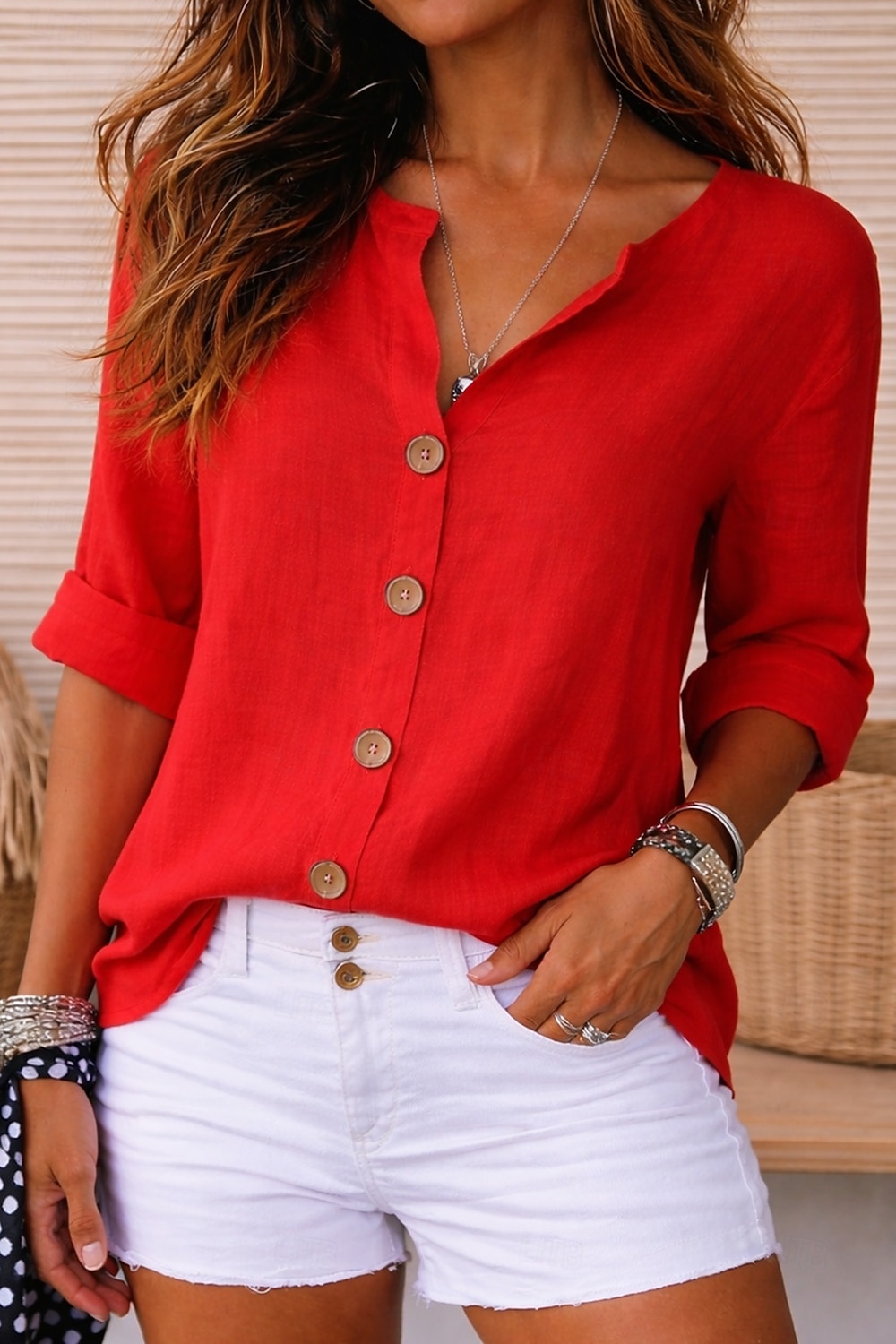 Women's Linen Shirts Blouse Buttons Solid Color Daily Casual Long Sleeve V Neck Regular Tops Daily Black White Red Orange Green Summer Spring Fall 2026 - $29.99 &ndash;P5