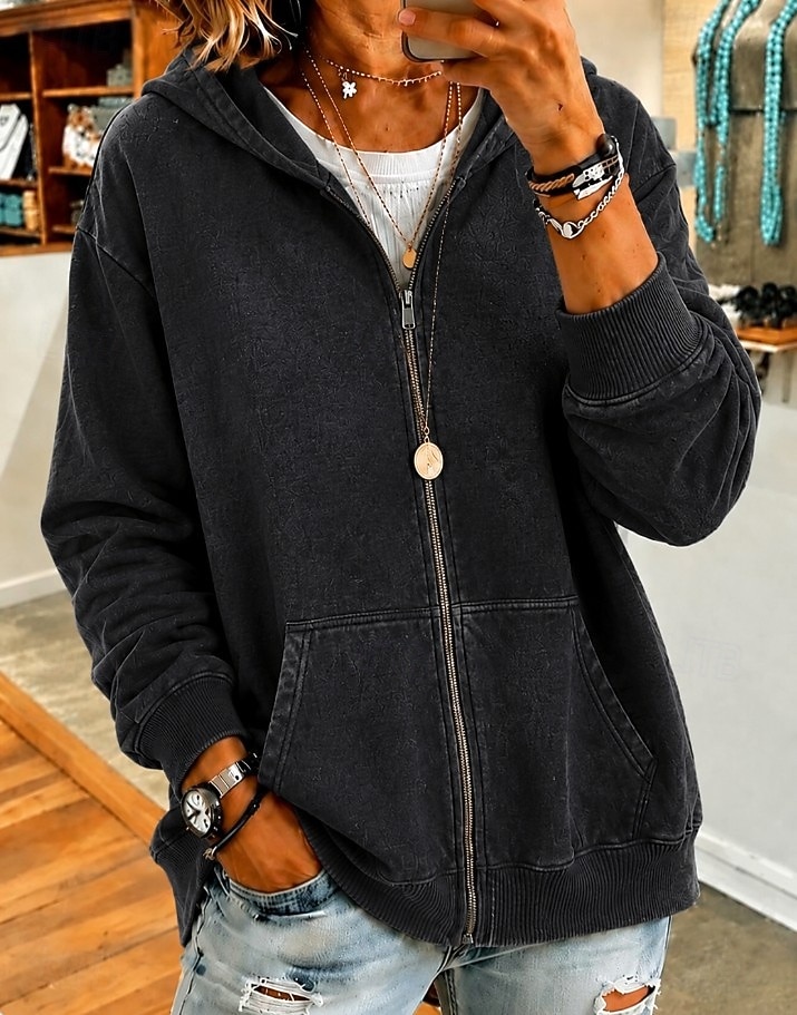 Women's Cotton Vintage wash Zip Up Hoodies Plain Active Vintage Casual Long Sleeve Hooded Regular Tops Casual Home Street Black Pink Light Purple Green Rose Red Spring Fall Winter 2026 - $39.99 &ndash;P15