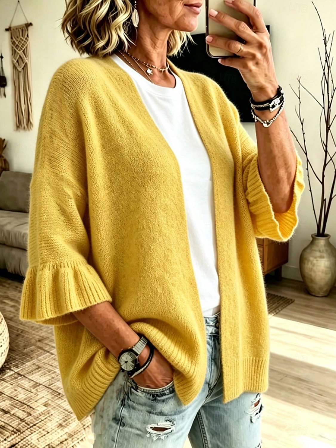 Women's Knit Cardigan Vintage Ribbed Open Front Ruffle Patchwork 3/4 Length Sleeve Regular Tops Knit Home Blue White Fall Winter 2026 - &euro;35.99 &ndash;P11