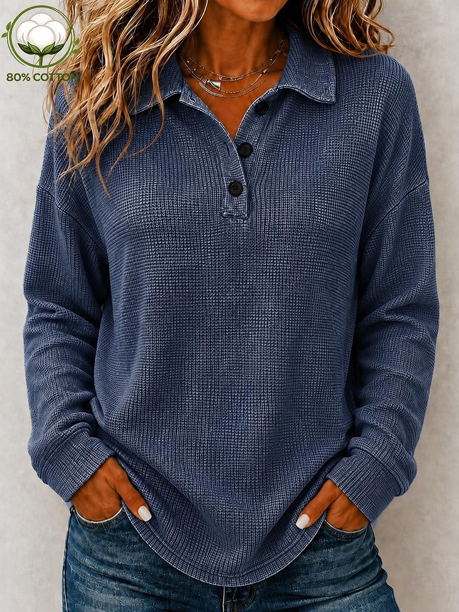 Women's Washed Cotton Waffle Polo Shirts Blouse Knit Shirts Texture Solid Color Fashion Stylish Basic Long Sleeve Bishop Sleeve V Neck Shirt Collar Long Tops Casual Daily Going out Blue Dark Blue 2026 - $35.99 &ndash;P5