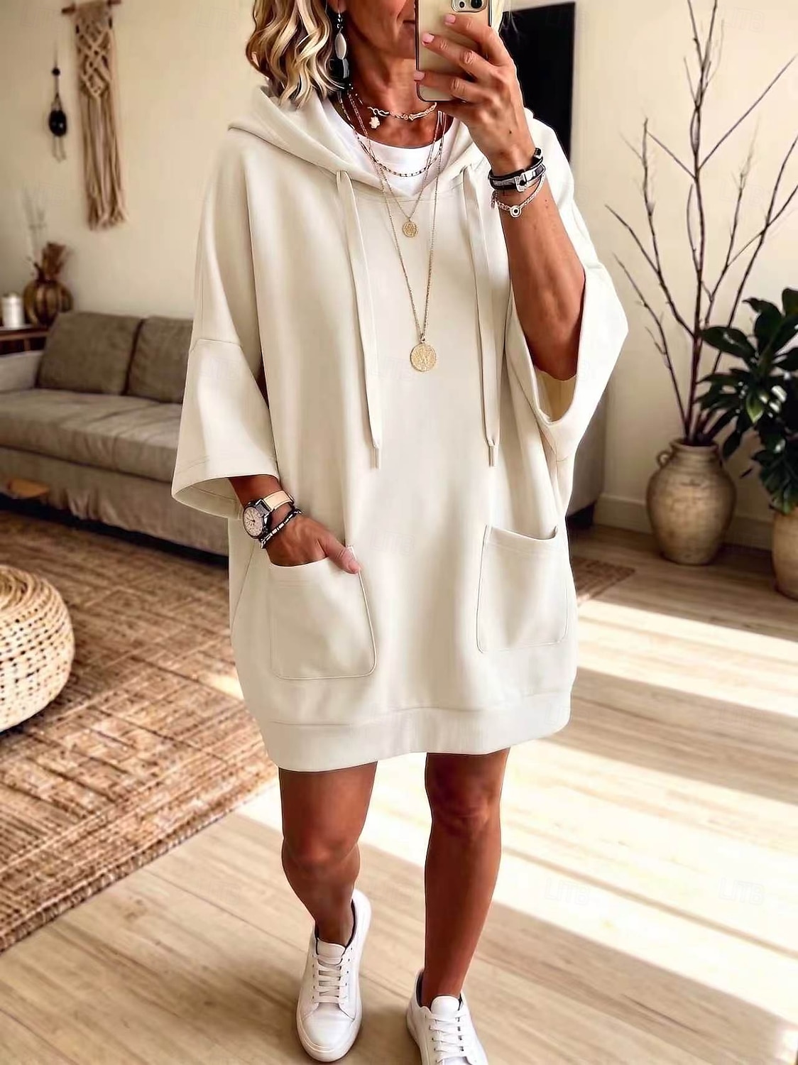 Women's Knee Length Dress Hoodie Dress Casual Daily Plain 3/4 Length Sleeve Hooded White Light color Black Purple Fall Autumn 2026 - $35.99 &ndash;P4