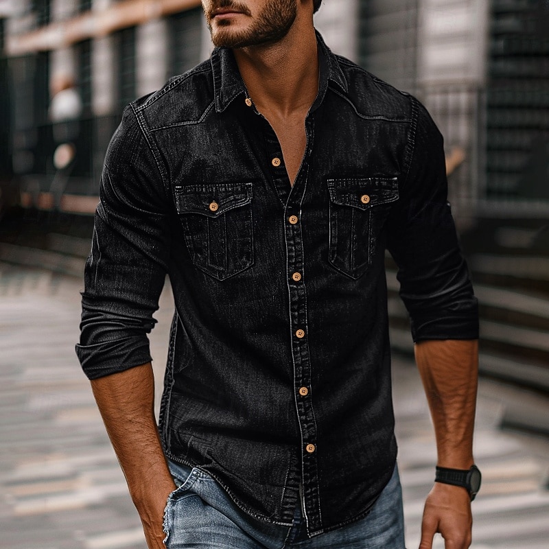 Men's Shirt Chambray Shirt Calico Shirt Button Up Shirt Casual Shirt Denim Shirt Denim Blue Black Dark Navy Blue Long Sleeve Plain Collar Daily Vacation Clothing Apparel Cotton Fashion Casual 2026 - $37.99 &ndash;P4