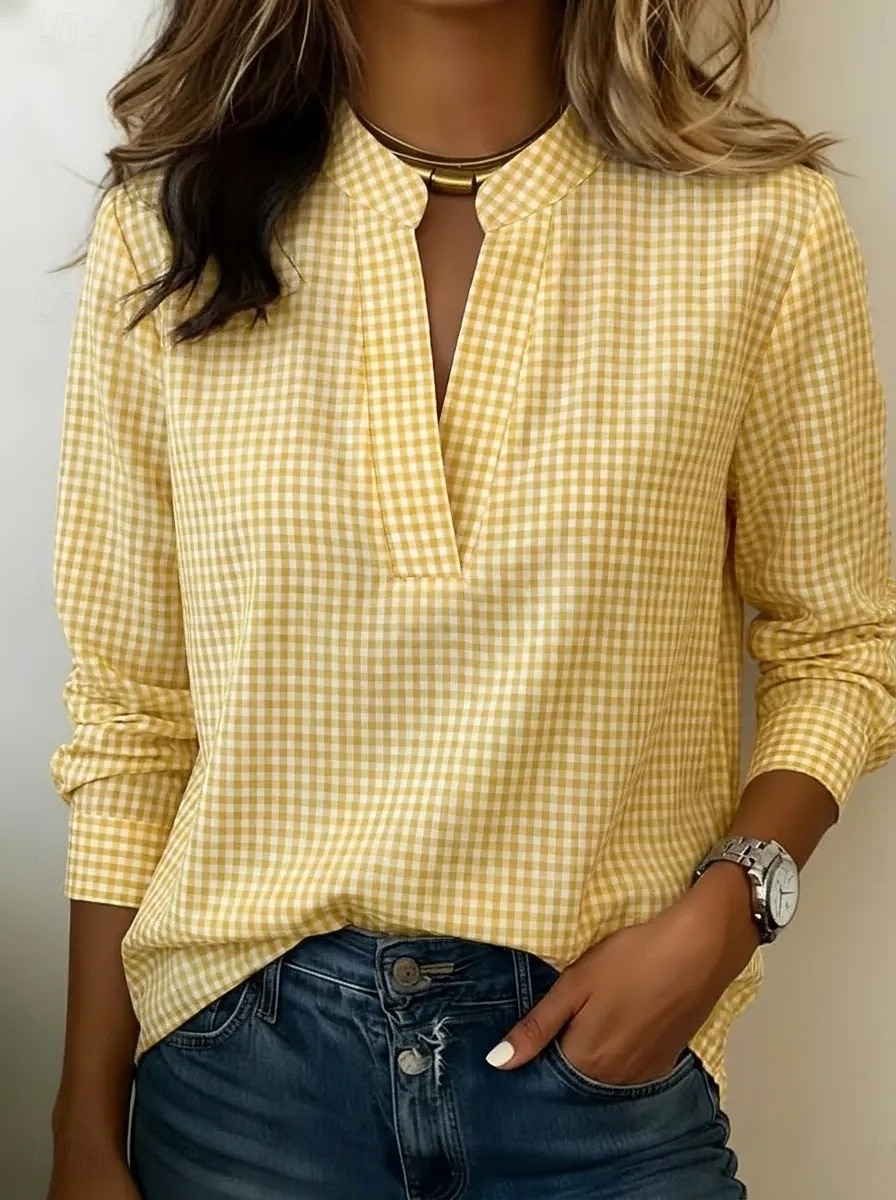 Women's Black White Mini Gingham Mandarin Collar Half Placket Long Sleeve Loose Casual Work Blouse 2026 - $27.99 &ndash;P6