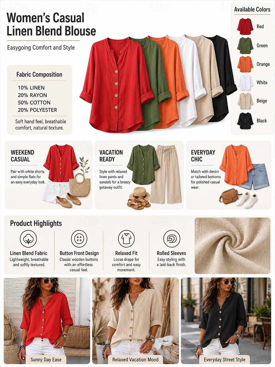 Women's Linen Shirts Blouse Buttons Solid Color Daily Casual Long Sleeve V Neck Regular Tops Daily Black White Red Orange Green Summer Spring Fall 2026 - $29.99 &ndash;P1