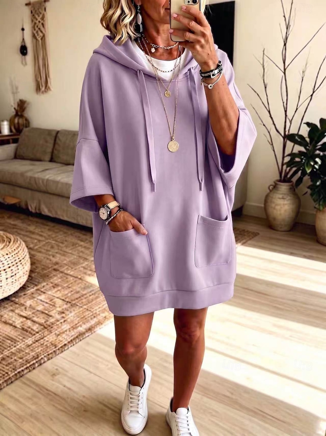 Women's Knee Length Dress Hoodie Dress Casual Daily Plain 3/4 Length Sleeve Hooded White Light color Black Purple Fall Autumn 2026 - $35.99 &ndash;P3