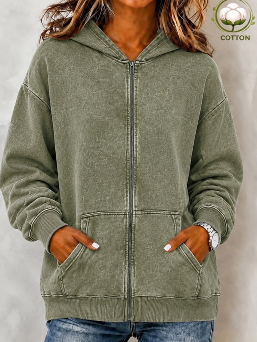 Women's Cotton Vintage wash Zip Up Hoodies Plain Active Vintage Casual Long Sleeve Hooded Regular Tops Casual Home Street Black Pink Light Purple Green Rose Red Spring Fall Winter 2026 - $39.99 &ndash;P10