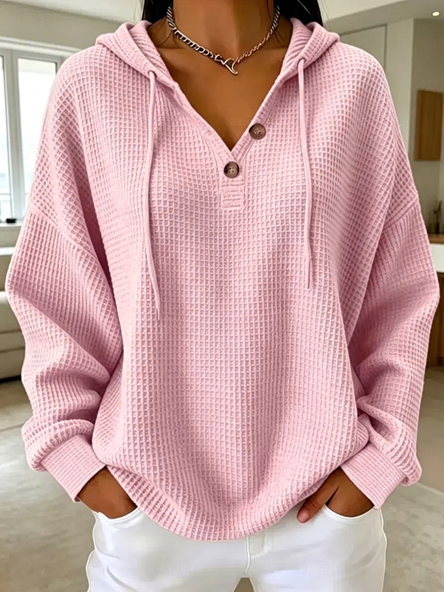 Women's Waffle Sweatshirts Textured Pullover Hoodie Sweatshirt Waffle Knit Tops Drawstring Pocket Buttons Plain Casual Long Sleeve V Neck Hooded Long Tops Blue White Yellow Pink Spring Fall Winter 2026 - $31.99 &ndash;P4